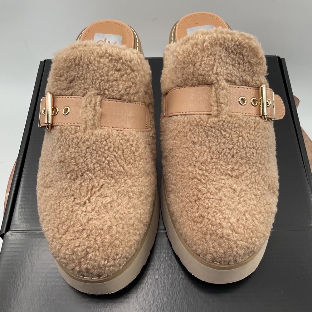 DV Dolce Vita Womens Beige Faux Shearling Platform Mules Buckle Strap Lug Sole